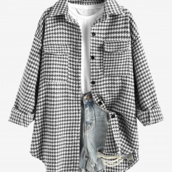 Women's Houndstooth Print Turn Down Collar Pocket Design Boyfriend Shacket Winter Woolen Shirt