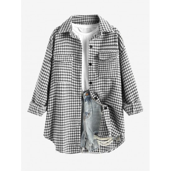 Women's Houndstooth Print Turn Down Collar Pocket Design Boyfriend Shacket Winter Woolen Shirt