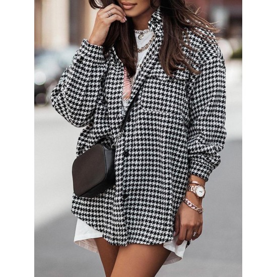 Women's Houndstooth Print Turn Down Collar Pocket Design Boyfriend Shacket Winter Woolen Shirt