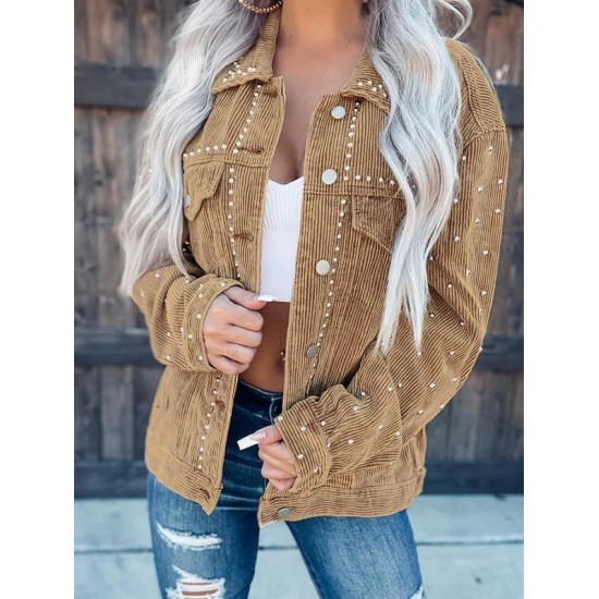 Women's Streetwear Rivet Design Corduroy Solid Color Shacket Jacket