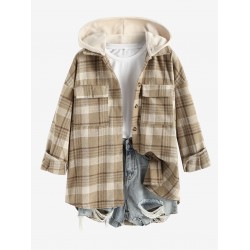 Women's Daily Plaid Loose Detachable Hooded Cargo Pockets Wool Blend Shirt Jacket Shacket