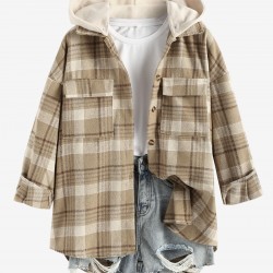 Women's Daily Plaid Loose Detachable Hooded Cargo Pockets Wool Blend Shirt Jacket Shacket