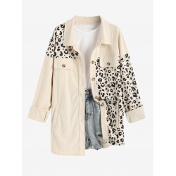 Women's Animal Leopard Corduroy Flap Detail Single Breasted Tunic Long Shirt Jacket Shacket