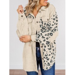 Women's Animal Leopard Corduroy Flap Detail Single Breasted Tunic Long Shirt Jacket Shacket