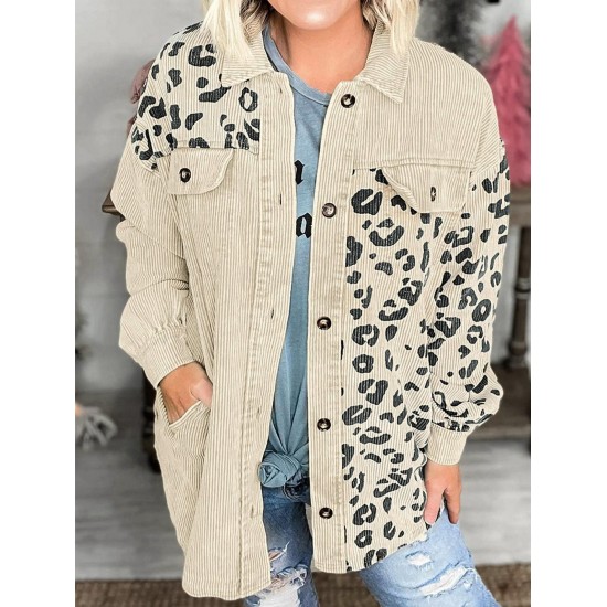 Women's Animal Leopard Corduroy Flap Detail Single Breasted Tunic Long Shirt Jacket Shacket