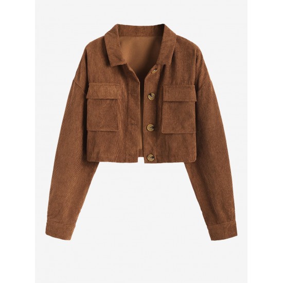 Women's Single Breasted Flap Pockets Corduroy Crop Shirt Jacket Shacket