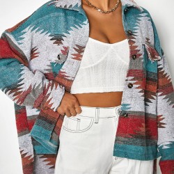 Ethnic Aztec Print Flap Pockets Button Up Jacket