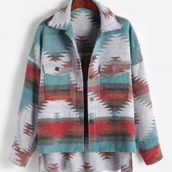 Ethnic Aztec Print Flap Pockets Button Up Jacket