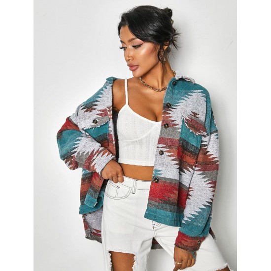 Ethnic Aztec Print Flap Pockets Button Up Jacket