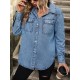 Women's Streetwear Acid Wash Pocket Button Up Curved Hem Long Sleeve Denim Shacket