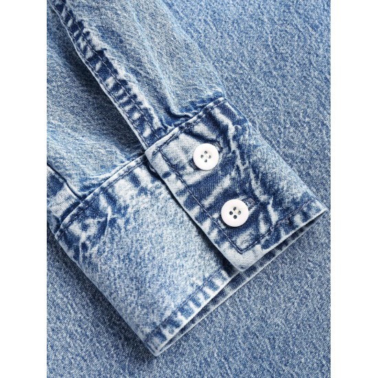 Women's Streetwear Acid Wash Pocket Button Up Curved Hem Long Sleeve Denim Shacket