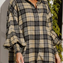 Women's Plaid Smocked Ruffle Cuff Lantern Sleeve Longline Shacket