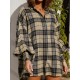 Women's Plaid Smocked Ruffle Cuff Lantern Sleeve Longline Shacket