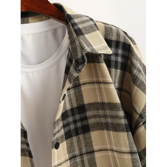 Women's Plaid Smocked Ruffle Cuff Lantern Sleeve Longline Shacket