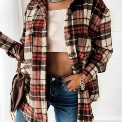 Women's Daily Vintage Style Plaid Front Pockets Wool Blend Shirt Jacket Shacket