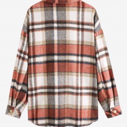 Women's Plaid Wool Blend Pocket Drop Shoulder Button Up Turn Down Collar Shacket