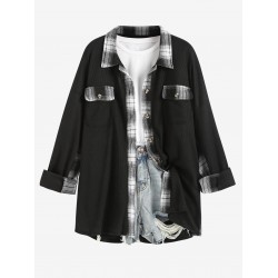 Women's Plaid Spliced Textured Knit Flap Pockets Single Breasted Shirt Jacket Shacket