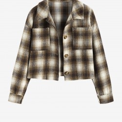 Women's Turn Down Collar Pocket Design Plaid Print Single-breasted Woolen Crop Jacket