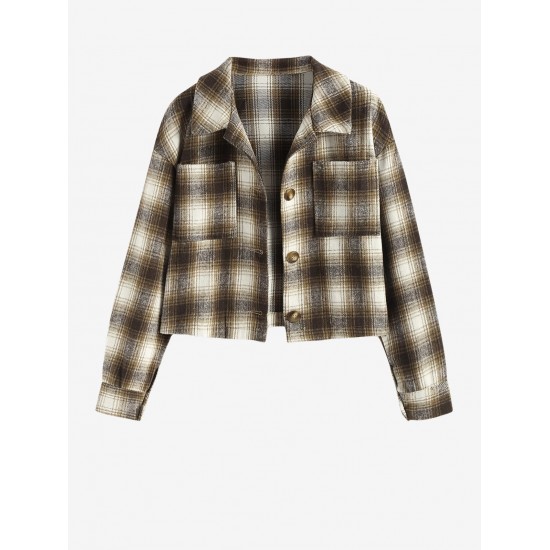 Women's Turn Down Collar Pocket Design Plaid Print Single-breasted Woolen Crop Jacket