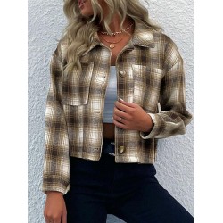 Women's Turn Down Collar Pocket Design Plaid Print Single-breasted Woolen Crop Jacket