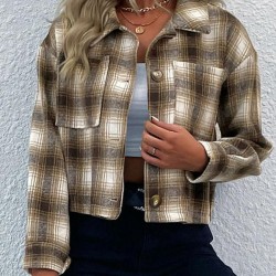 Women's Turn Down Collar Pocket Design Plaid Print Single-breasted Woolen Crop Jacket