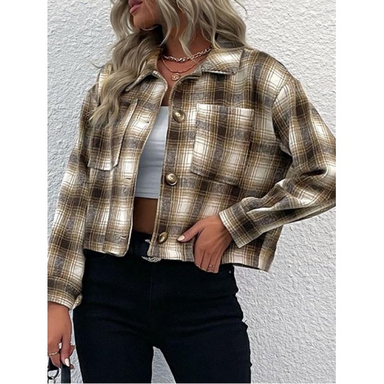 Women's Turn Down Collar Pocket Design Plaid Print Single-breasted Woolen Crop Jacket