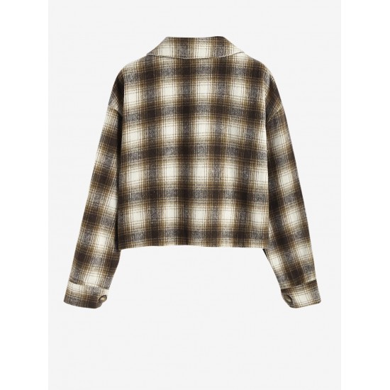 Women's Turn Down Collar Pocket Design Plaid Print Single-breasted Woolen Crop Jacket