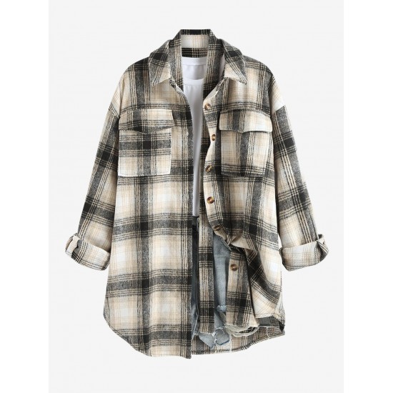 Women's Wool Blend Drop Shoulder Plaid Belted Button Up Pocket Longline Shacket