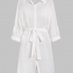 Women's Beach Vacation Bikini Cover Ups Striped Semi-sheer Button Up Raglan Long Roll Tab Sleeve Slit Side Belted Mini Shirt Dress