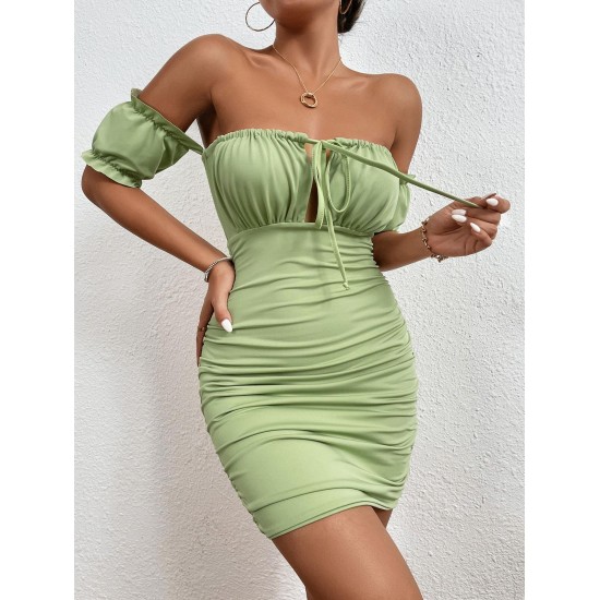 Solid Color Off The Shoulder Cinched Dress