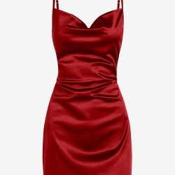 Women's Satin Sleeveless Spaghetti Strap Side Slit Cowl Neck Cocktail Party Mini Slip Vegas Dress