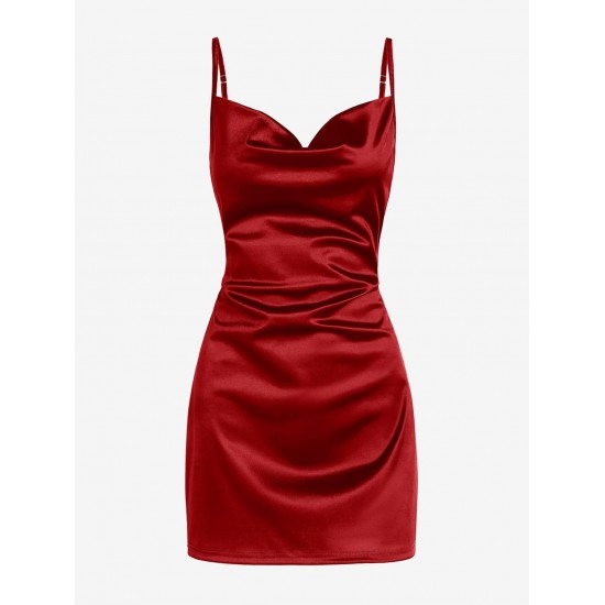 Women's Satin Sleeveless Spaghetti Strap Side Slit Cowl Neck Cocktail Party Mini Slip Vegas Dress