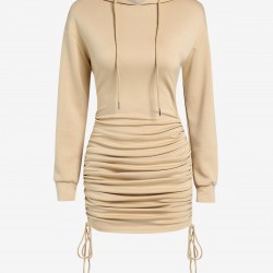 Women's Sexy Daily Hooded Drop Shoulder Long Sleeve Drawstring Cinched Ruched Solid Color Mini Bodycon Hoodie Dress