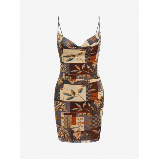 Patchwork Print Cowl Front Bungee Strap Bodycon Dress