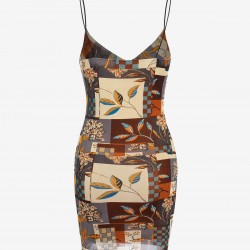 Patchwork Print Cowl Front Bungee Strap Bodycon Dress