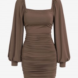 Lantern Sleeve Ruched Square Neck Bodycon Dress