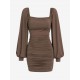 Lantern Sleeve Ruched Square Neck Bodycon Dress