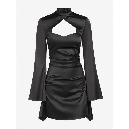 Women's Sexy Party Satin Mock Neck Cut Out Long Flare Sleeve Solid Color Ruched Mini Slinky Dress