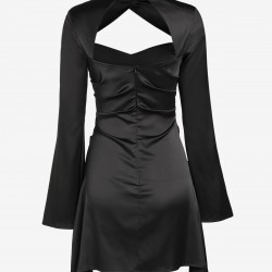 Women's Sexy Party Satin Mock Neck Cut Out Long Flare Sleeve Solid Color Ruched Mini Slinky Dress