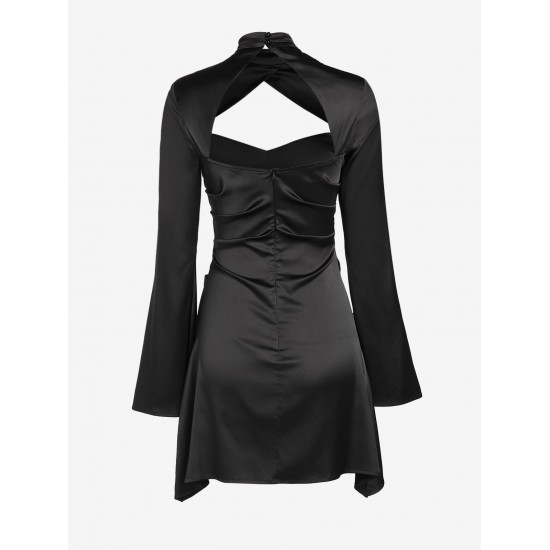 Women's Sexy Party Satin Mock Neck Cut Out Long Flare Sleeve Solid Color Ruched Mini Slinky Dress