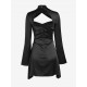 Women's Sexy Party Satin Mock Neck Cut Out Long Flare Sleeve Solid Color Ruched Mini Slinky Dress