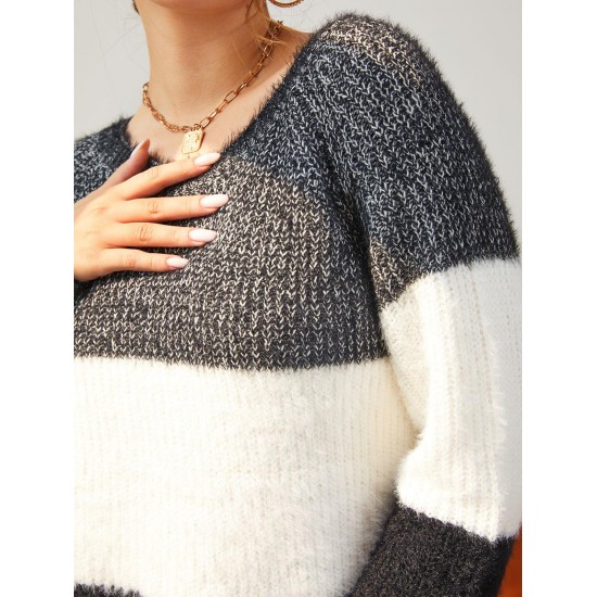 Colorblock Fuzzy Raglan Sleeve Jumper Sweater