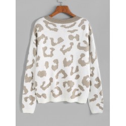 Leopard Drop Shoulder Half Button Jumper Sweater