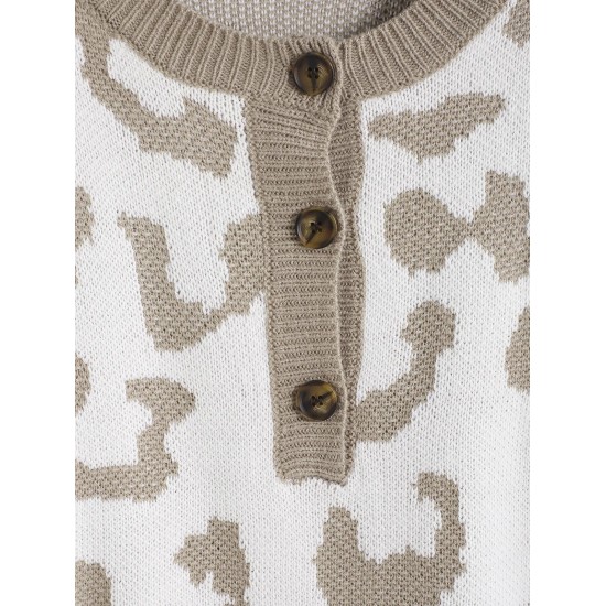 Leopard Drop Shoulder Half Button Jumper Sweater