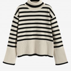 Women's Striped High Collar Drop Shoulder Wide Sleeve Slit Side Oversized Pullover Jumper Sweater