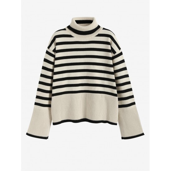 Women's Striped High Collar Drop Shoulder Wide Sleeve Slit Side Oversized Pullover Jumper Sweater