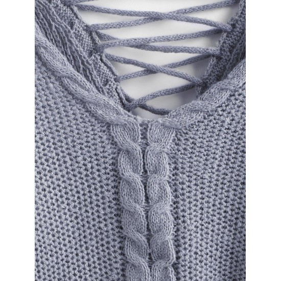 V Neck Lattice Back Cable Knit Sweater