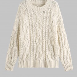 Women's Daily Solid Color Long Sleeve Drop Shoulder Loose Cable Knit Crew Neck  Pullover Jumper Fisherman Sweater