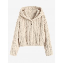 Women's Fluffy Fuzzy Faux Fur Cable Jacquard Textured Half Button Short Pullover Daily Casual Hoodie