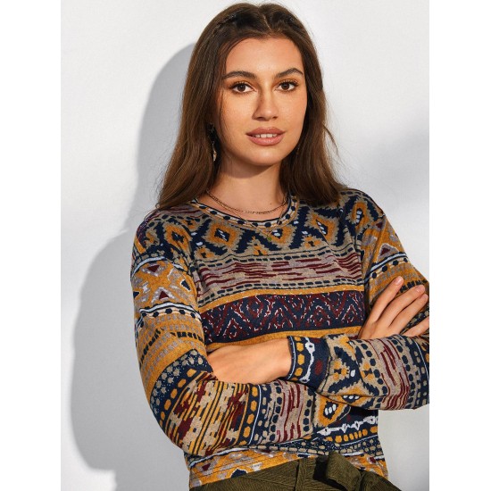 Drop Shoulder Ethnic Aztec Printed Sweatshirt